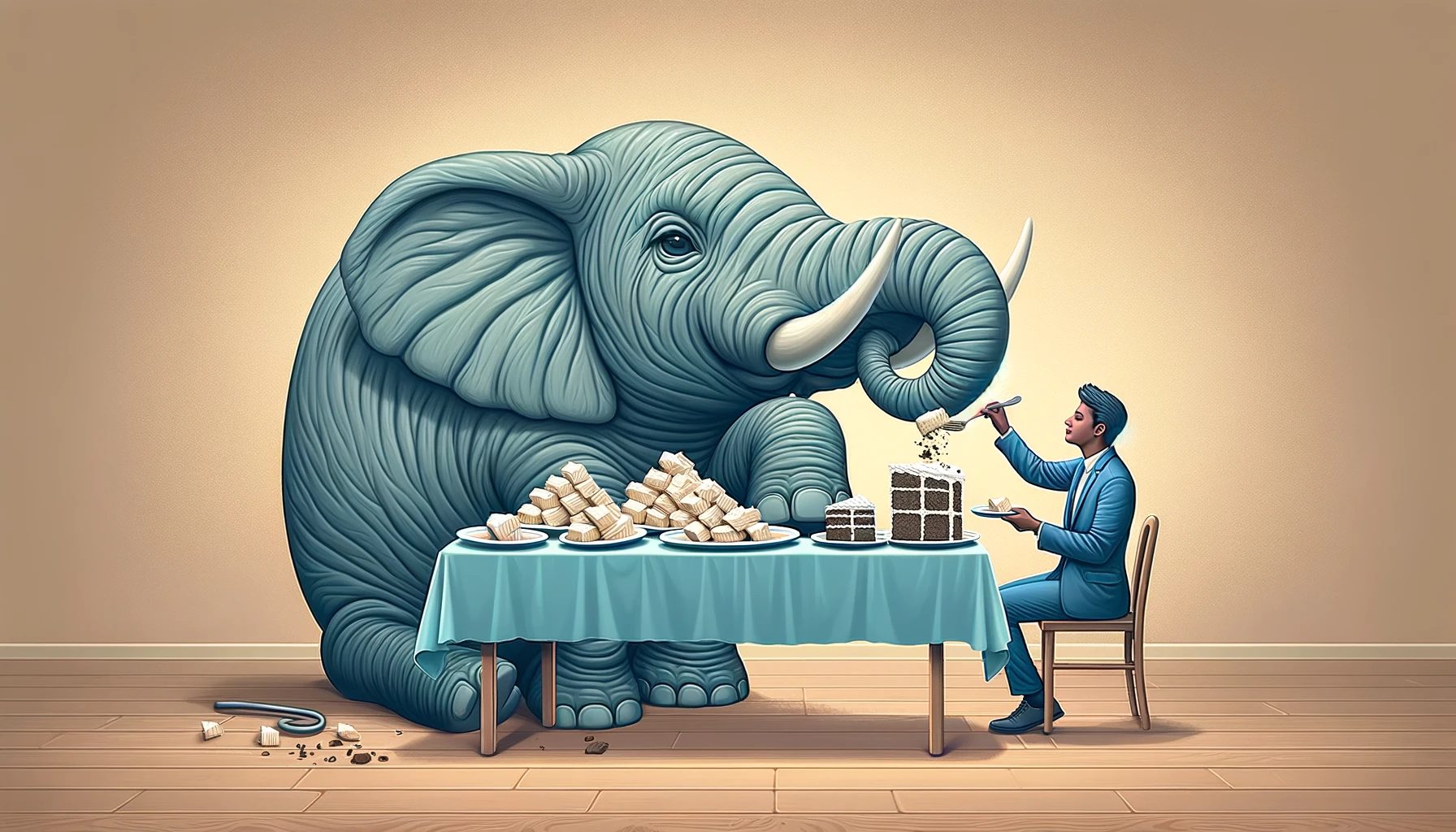 DALL·E 2024-02-21 11.20.35 - Create a highly detailed horizontal image of a person calmly eating a large, elephant-shaped cake at a table, with pieces of the cake on plates around.png