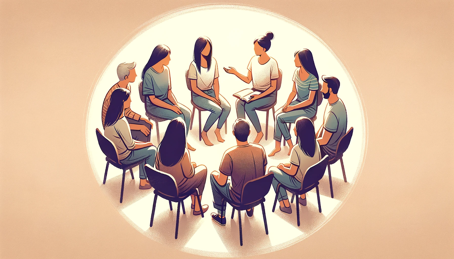 DALL·E 2024-03-07 11.26.46 - Create an image showing a small group of people sitting in a circle, engaging in a heartfelt conversation. The focus should be on one person sharing t.png