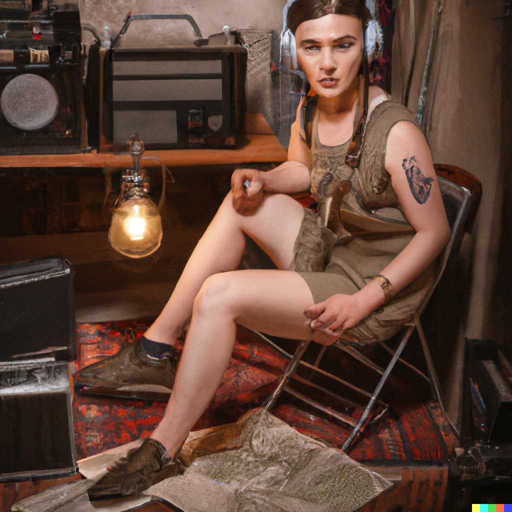 DALL·E 2023-01-04 21.58.21 - A young woman with a prosthetic leg sits in front of a World War II radio in a room filled with the spirit of resistance. She is surrounded by maps an.png
