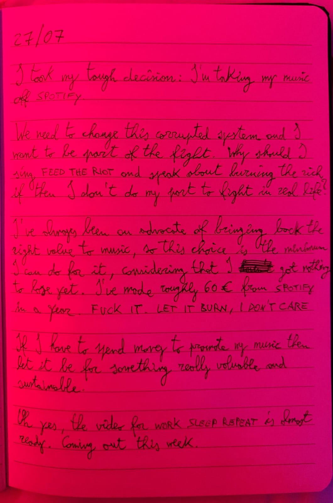 Harbiter diary - 27/07/2025 - Fuck Spotify, but hand-written
