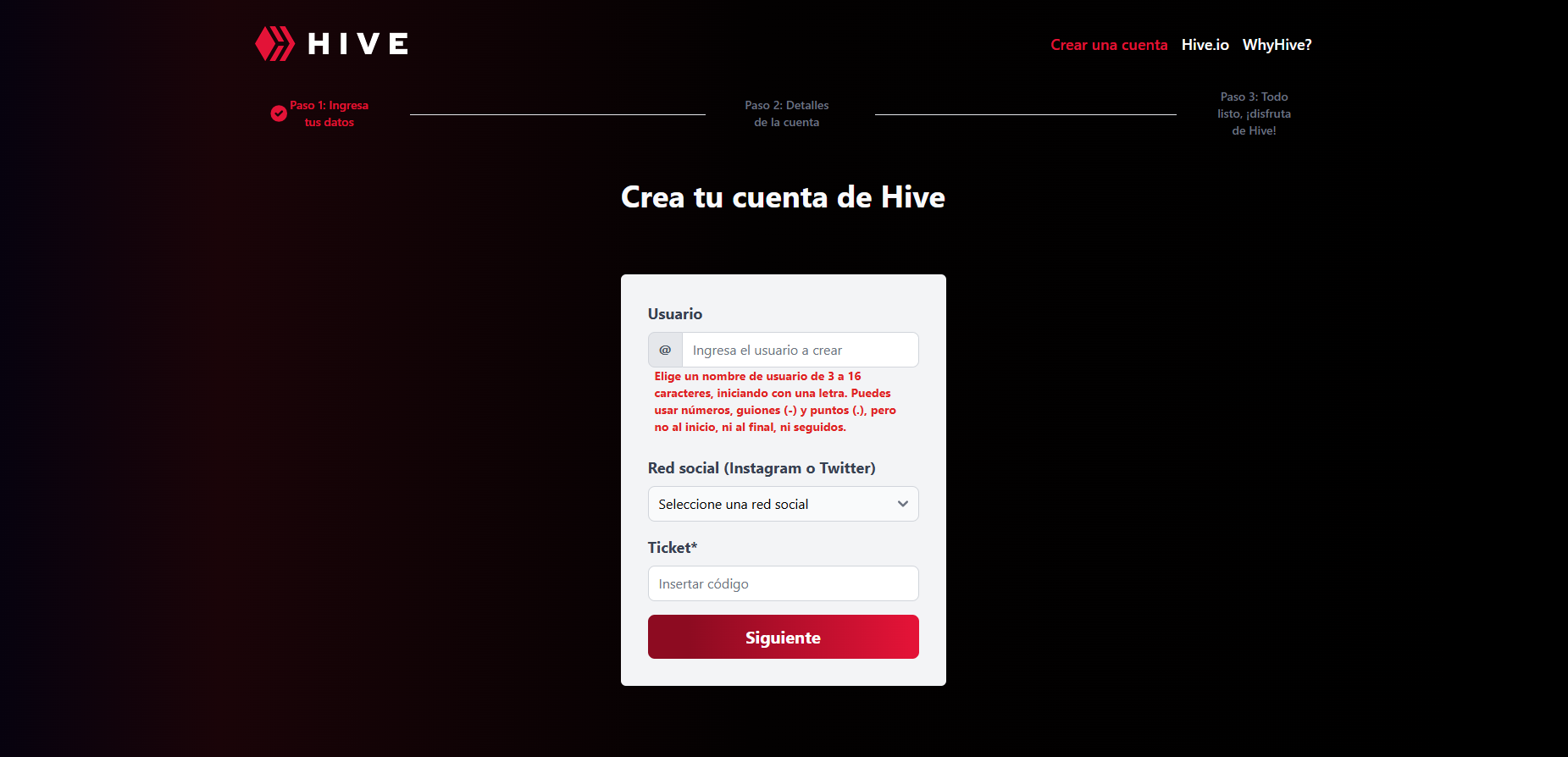 Vista previa de la app para crear cuentas de Hive holahive.com