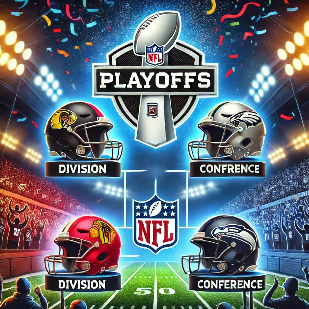 DALL·E 2024-12-30 08.01.25 - A vibrant illustration showcasing the NFL playoffs. The artwork features a dramatic American football field under stadium lights, with helmets represe.webp