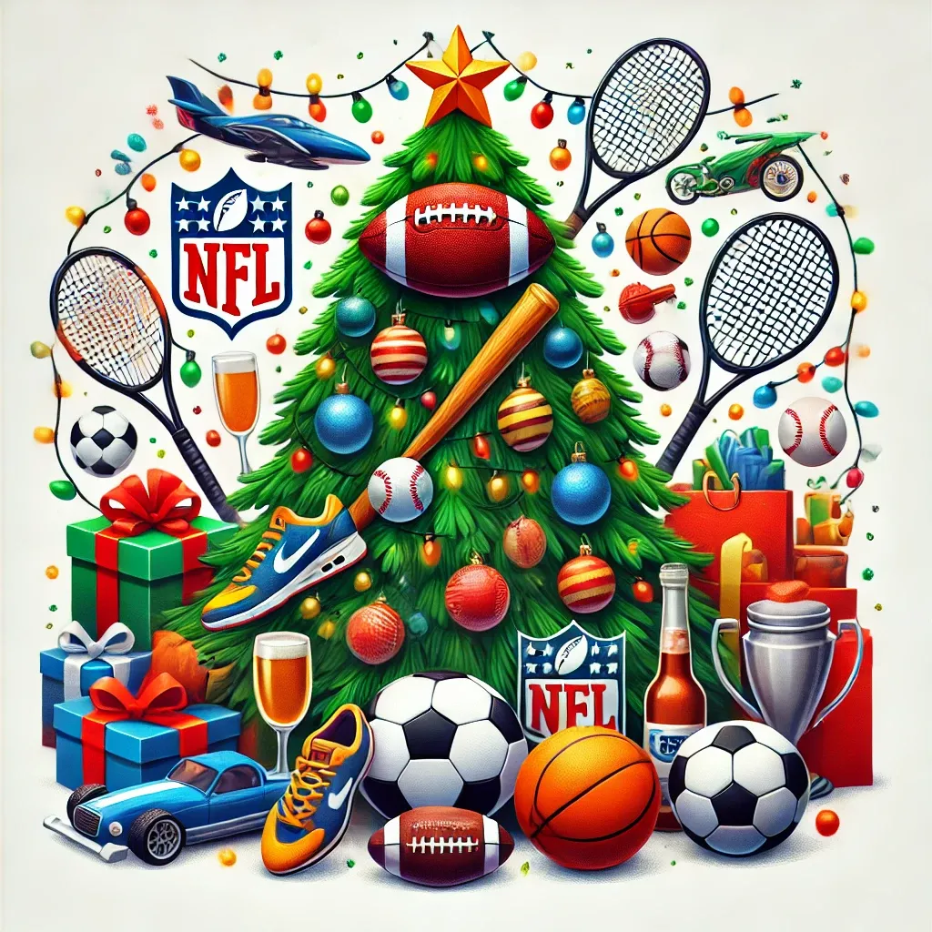 DALL·E 2024-12-31 07.45.54 - A festive illustration featuring a Christmas tree surrounded by gifts, with sports-themed decorations. At the base of the tree are various sports item.webp