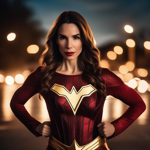 Actress Christy Carlson Romano dressed as a superhero, hands on her hips.png