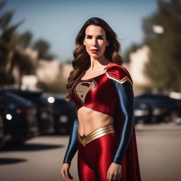 Christy Carlson Romano dressed like a superhero, hands on her hips.png
