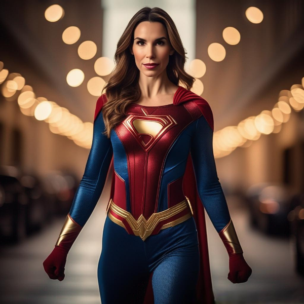 Actress Christy Carlson Romano dressed like a superhero, hands on her hips.png