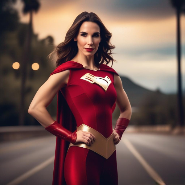 Actress Christy Carlson Romano dressed as a superhero.png