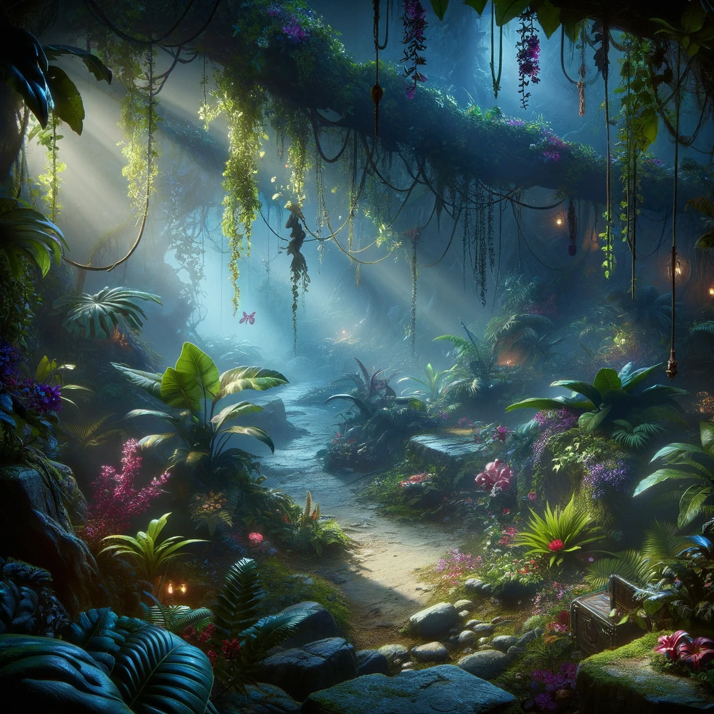 DALL·E 2023-12-08 21.19.38 - A dense, shadowy jungle lair fit for the Nightshade Assassin, combining beauty and danger, with thick foliage, exotic flowers, and hidden traps, all b.png