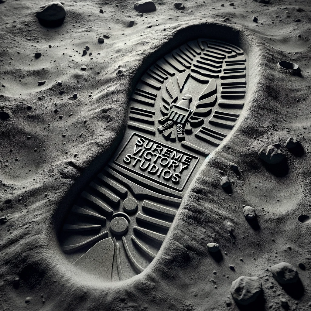 DALL·E 2023-11-16 10.38.35 - Image of an astronaut's boot print in the lunar soil, with the Supreme Victory Studios logo prominently featured in the middle of the boot impression.png