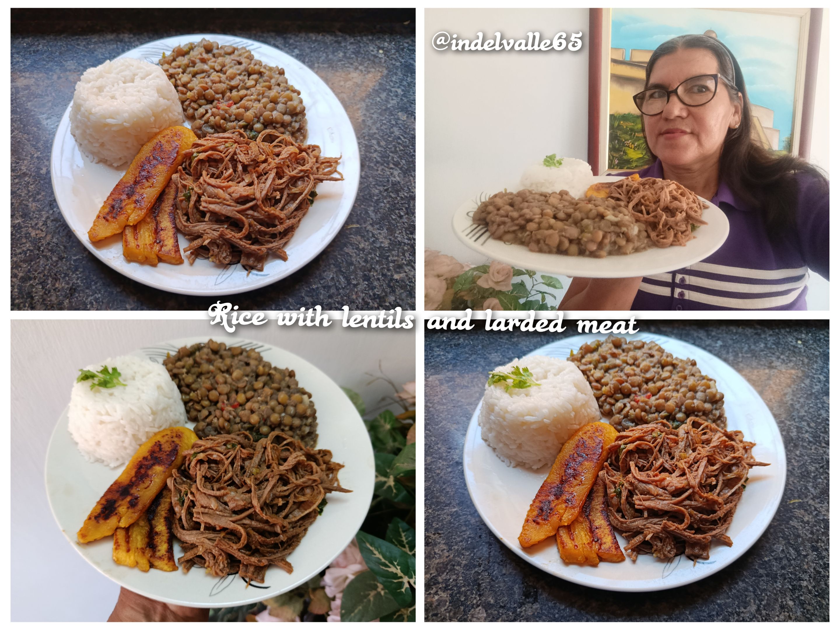 Delicious lentils, rice, shredded meat and slices for a balanced lunch.[Esp-Eng]