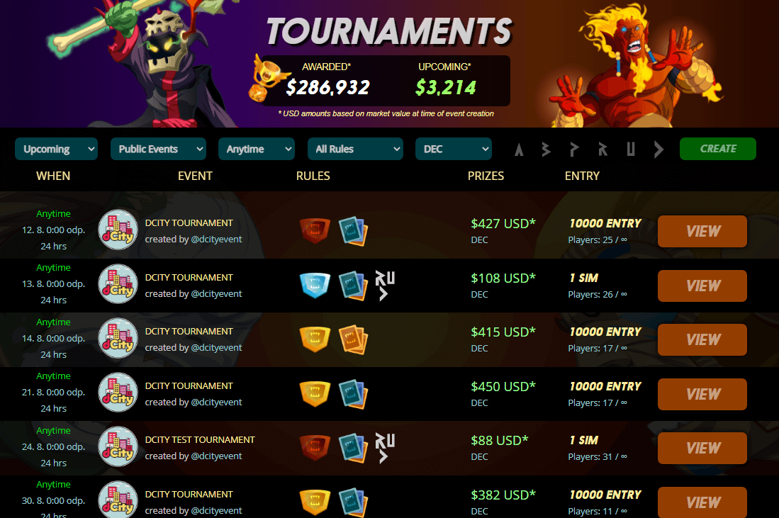 dCity game sponsors Splinterlands tournaments. Prizepools generally offer huge overlays. You can find more info on getting SIM and/or ENTRY in the footer of the post.