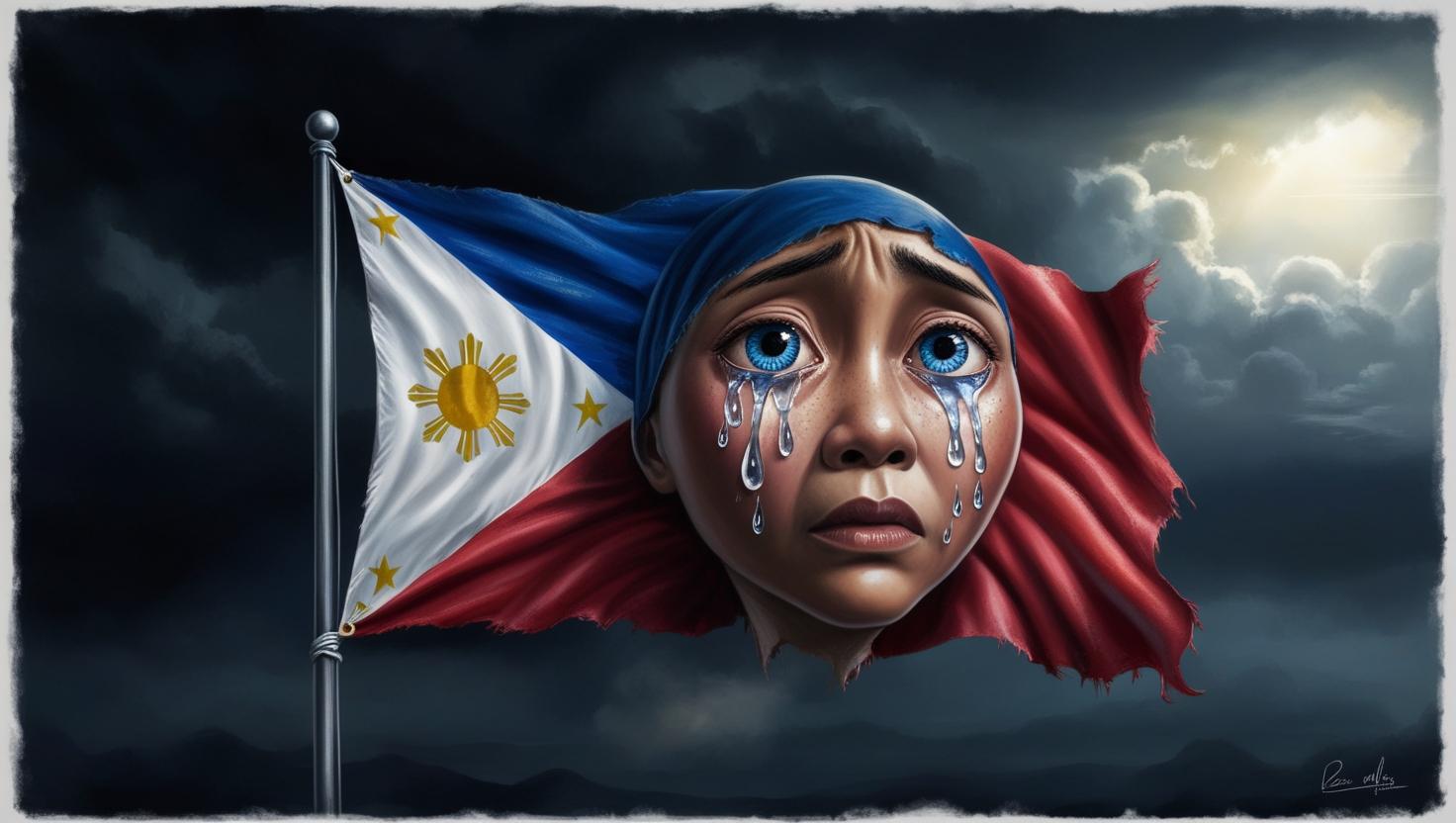 A highly detailed and emotional digital illustration of the Philippine flag, depicted as a living entity with human-like sorrowful eyes shedding tears. The tears should glisten as they fall, symbolizing grief and loss. The fla.jpg