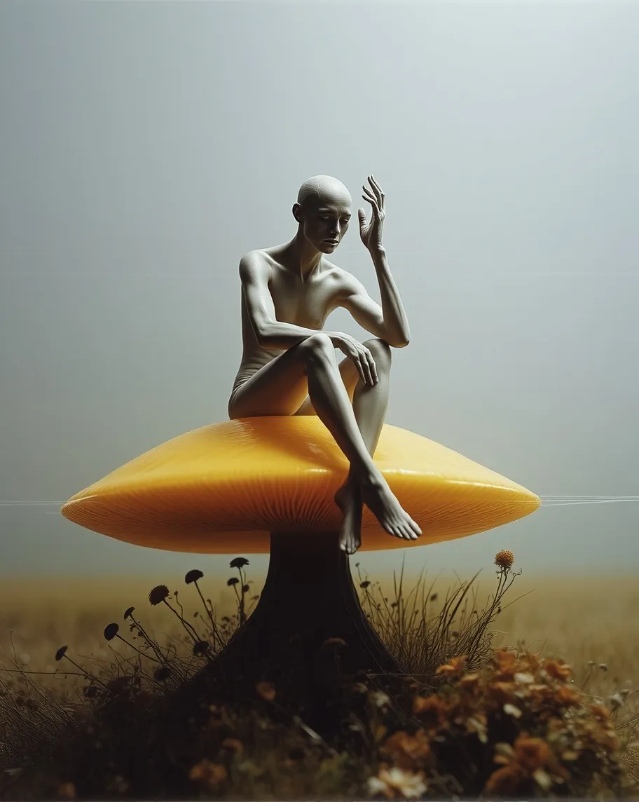 StarryAI-GrayWomanSittingOnMushroom-Image1-1.webp
