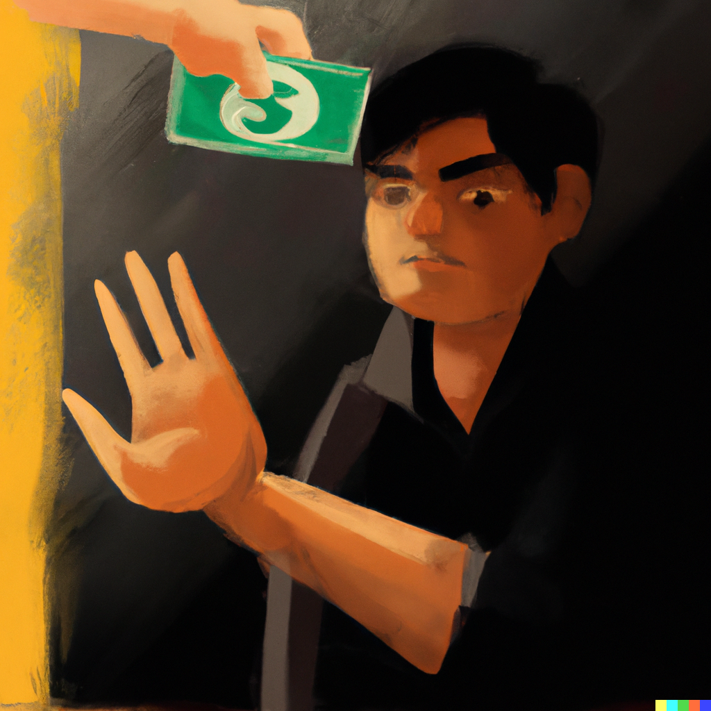 DALL·E 2023-07-11 23.55.08 - a man refusing to make money, digital painting, beautiful.png