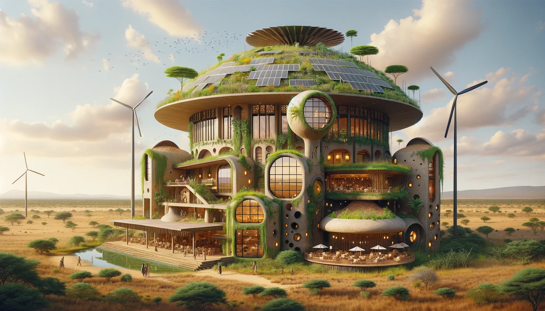 DALL·E 2024-04-26 13.20.56 - A visionary Afrofuturistic eco-lodge in Nigeria, showcasing an avant-garde design. The structure is built with a blend of traditional Nigerian materia.webp