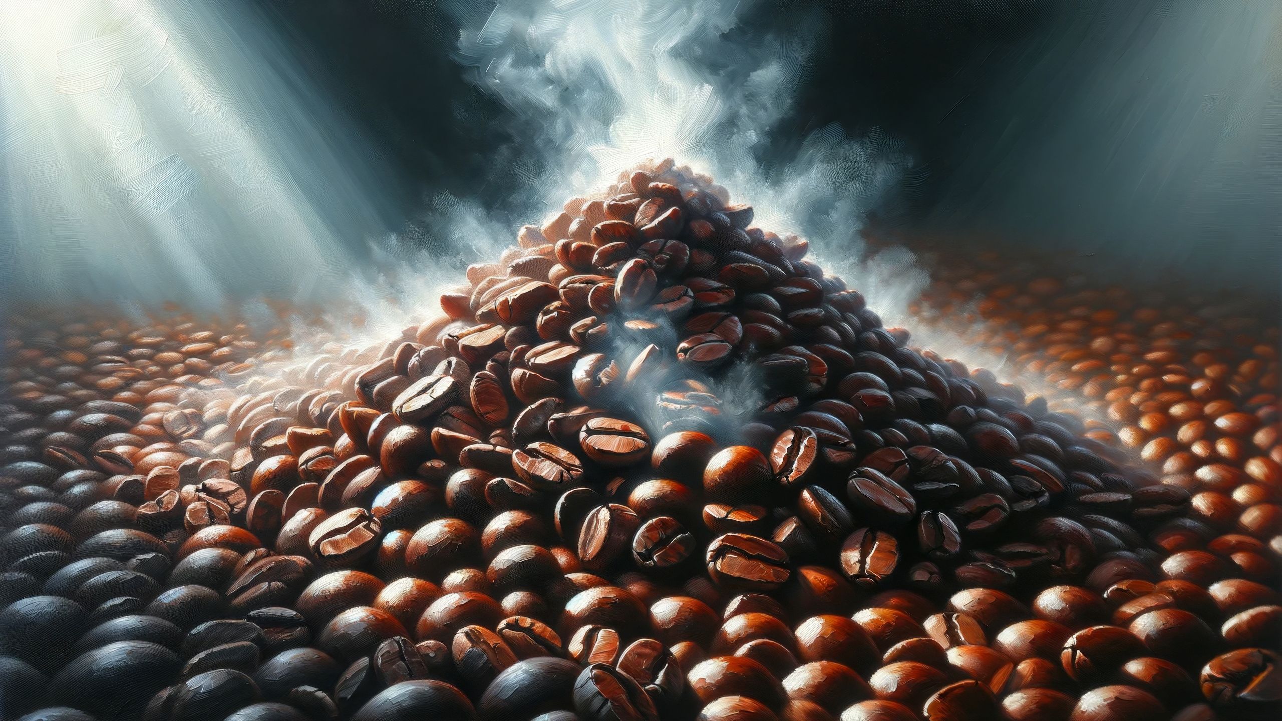 A close-up, modern, realistic painting depicting a mountain of roasted coffee beans, with steam gently rising from the pile, capturing the warmth and -topaz-standard v2-2560w.jpeg