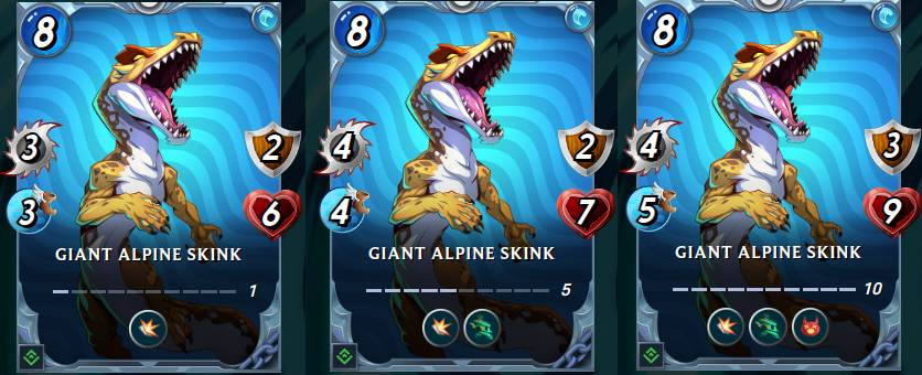 Comparing Level 1, 5 and 10: Levelling a card can improve card stats, or add new abilities!