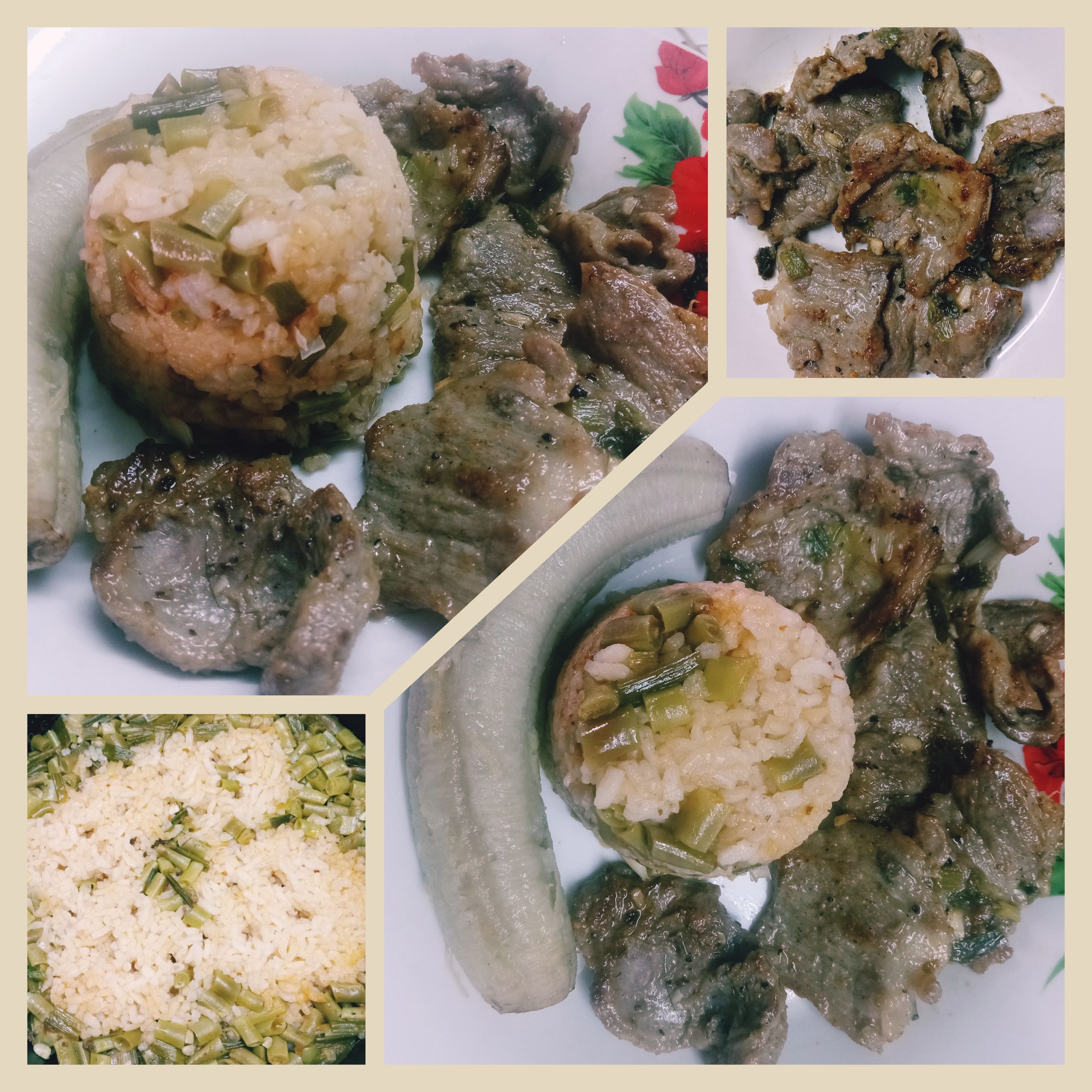 Conquistando corazones con delicioso menú mixto: Bisteces de cerdo, arroz con habichuelas, plátano hervido./ Conquering hearts with delicious mixed menu: Pork steaks, rice with beans, boiled banana.(Esp/Eng)