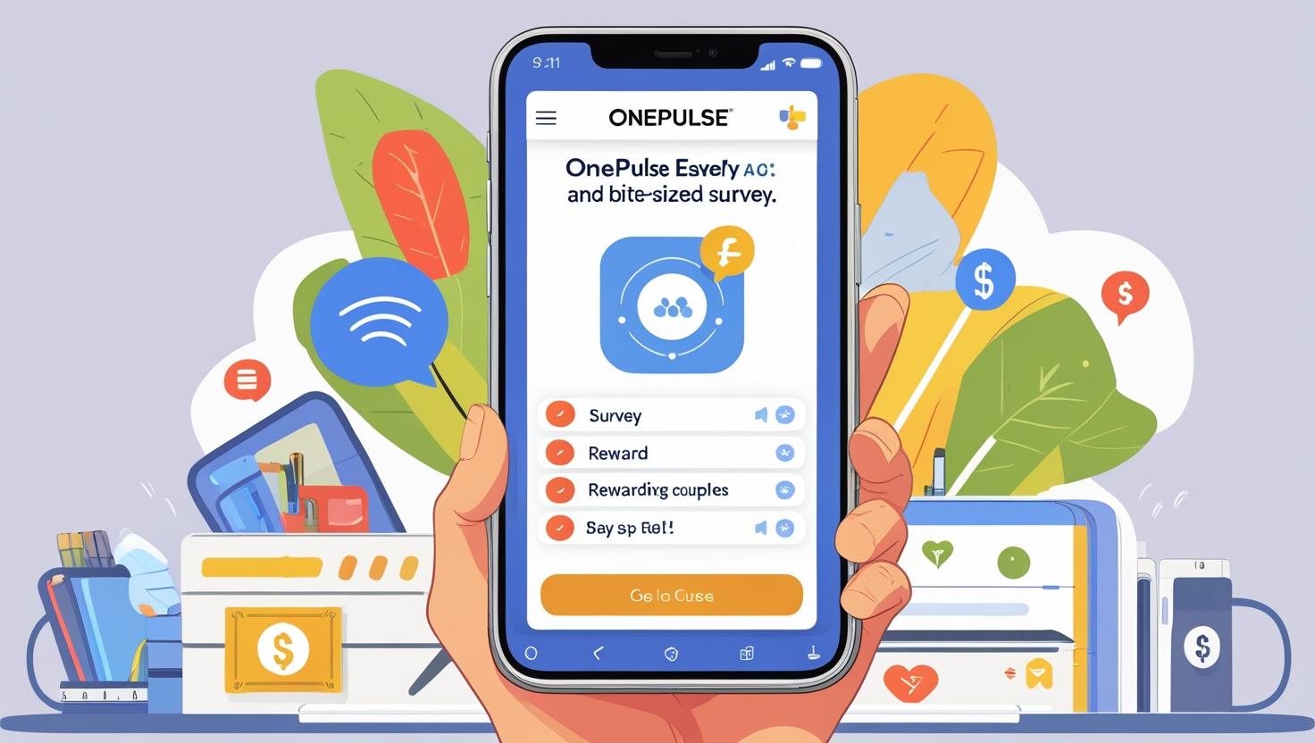 create me a lead image for a blog post about One Pulse and use the file in the design. OnePulse is a fun bite sized survey app that pays you. The blog post is title ~ OnePulse - guide to the bite sized survey app that pays you..jpg