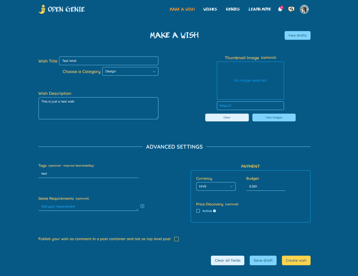 Fill out info for your wish