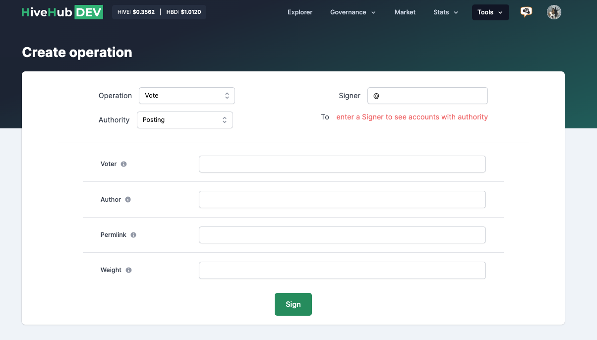 Operation Creator interface