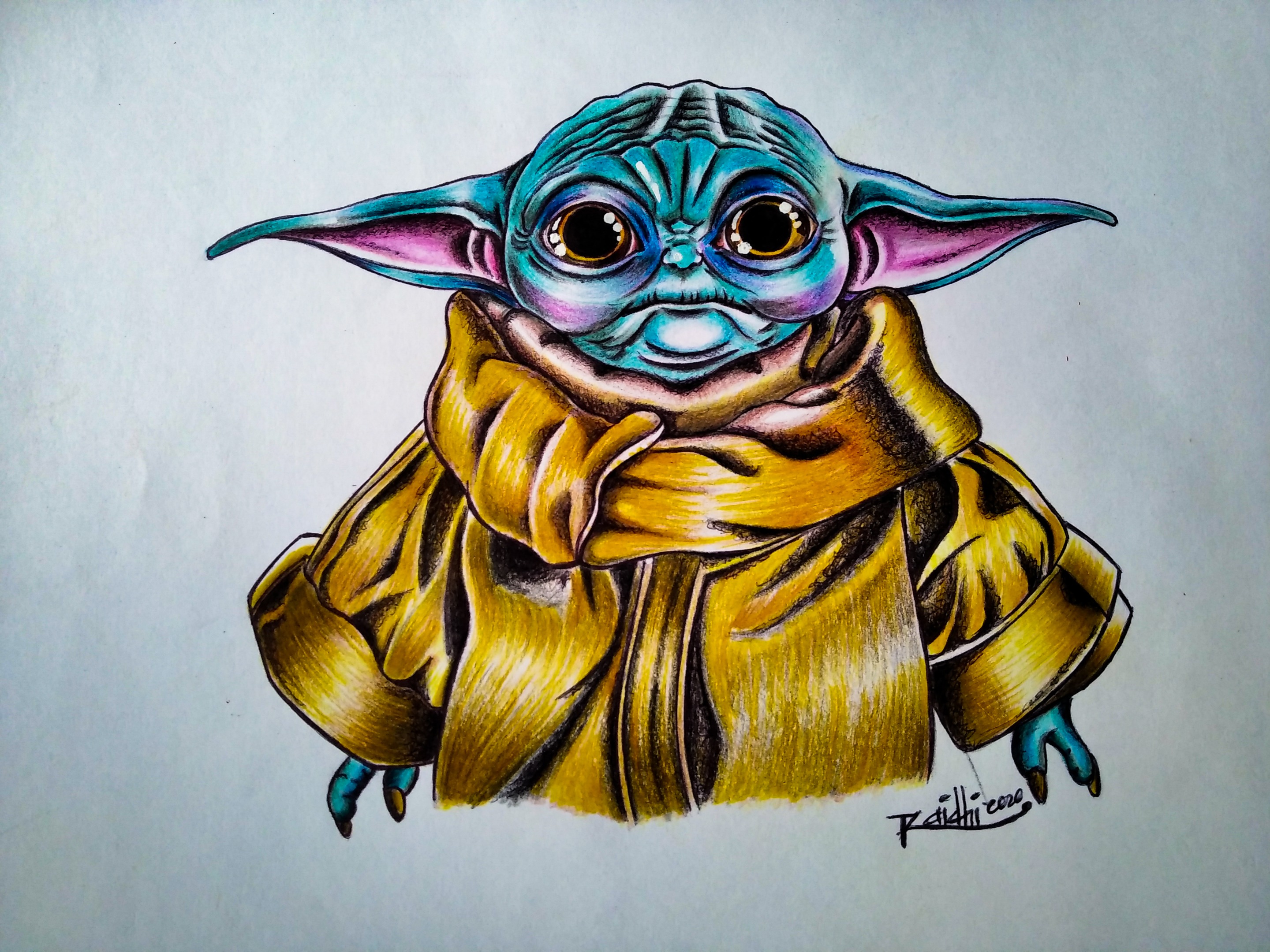 Es/En] Colorido Bebé Yoda- Dibujo tradicional / Colorful Baby Yoda-  Traditional Drawing — Steemit