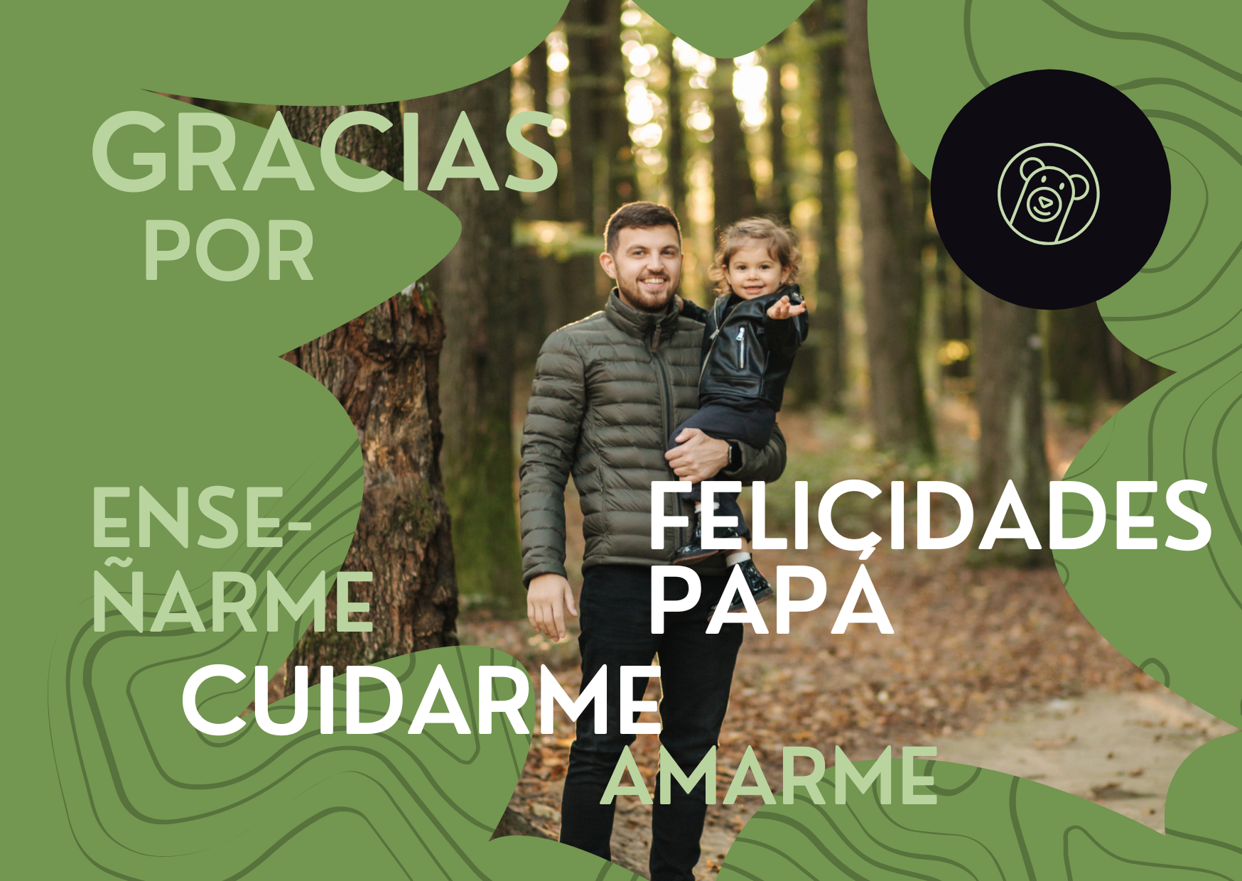 Tarjeta horizontal moderna en tonos verdes con fotografía de padre e hija en la naturaleza del Día del padre Gracias Papá oso.png