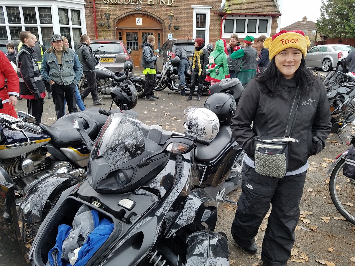 Stopped in front of a pub having a snack on our trip