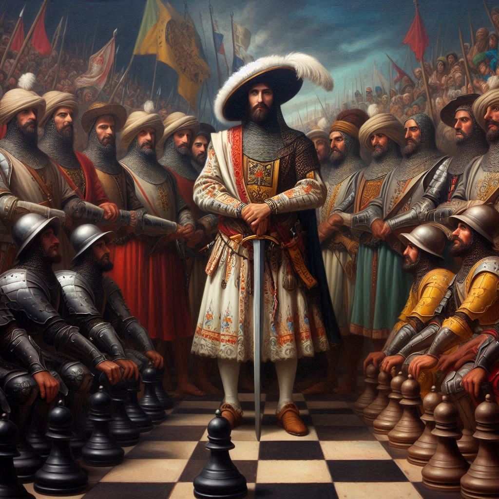 un soldado español de 1490 rodeado por soldados sarracenos sobre un tablero de ajedrez.jpeg