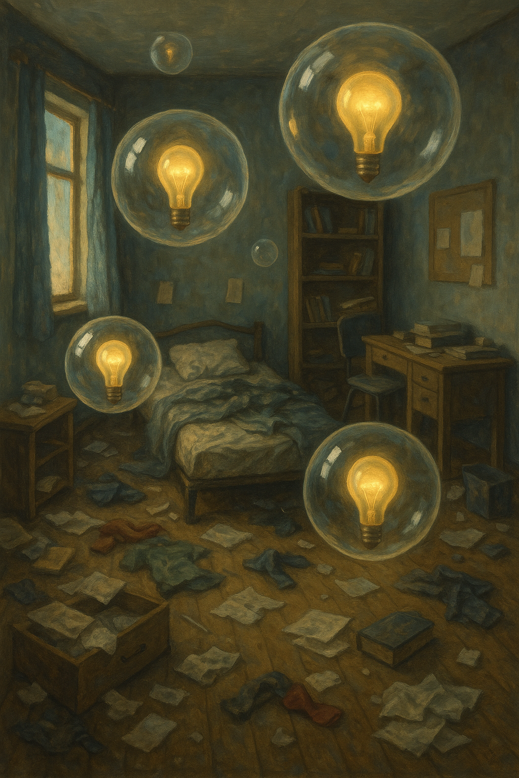 Burbujas flotantes en habitación surrealista.png