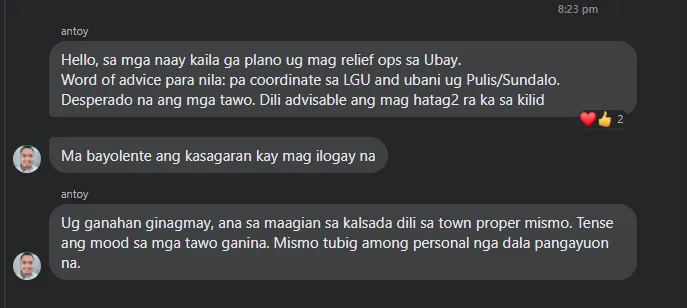 A heed for future relief goods distributors bound for Ubay: People are already leaning towards violence showing how desperate they really are for relief 