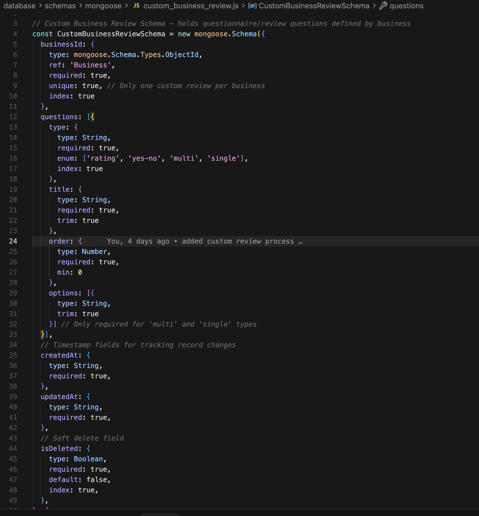 Distriator Backend - Schema for Custom Review for a business