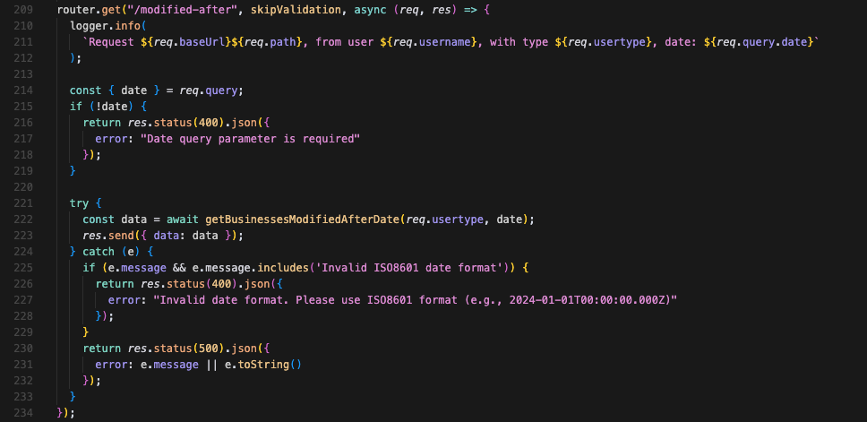 Screenshot for code of new API route