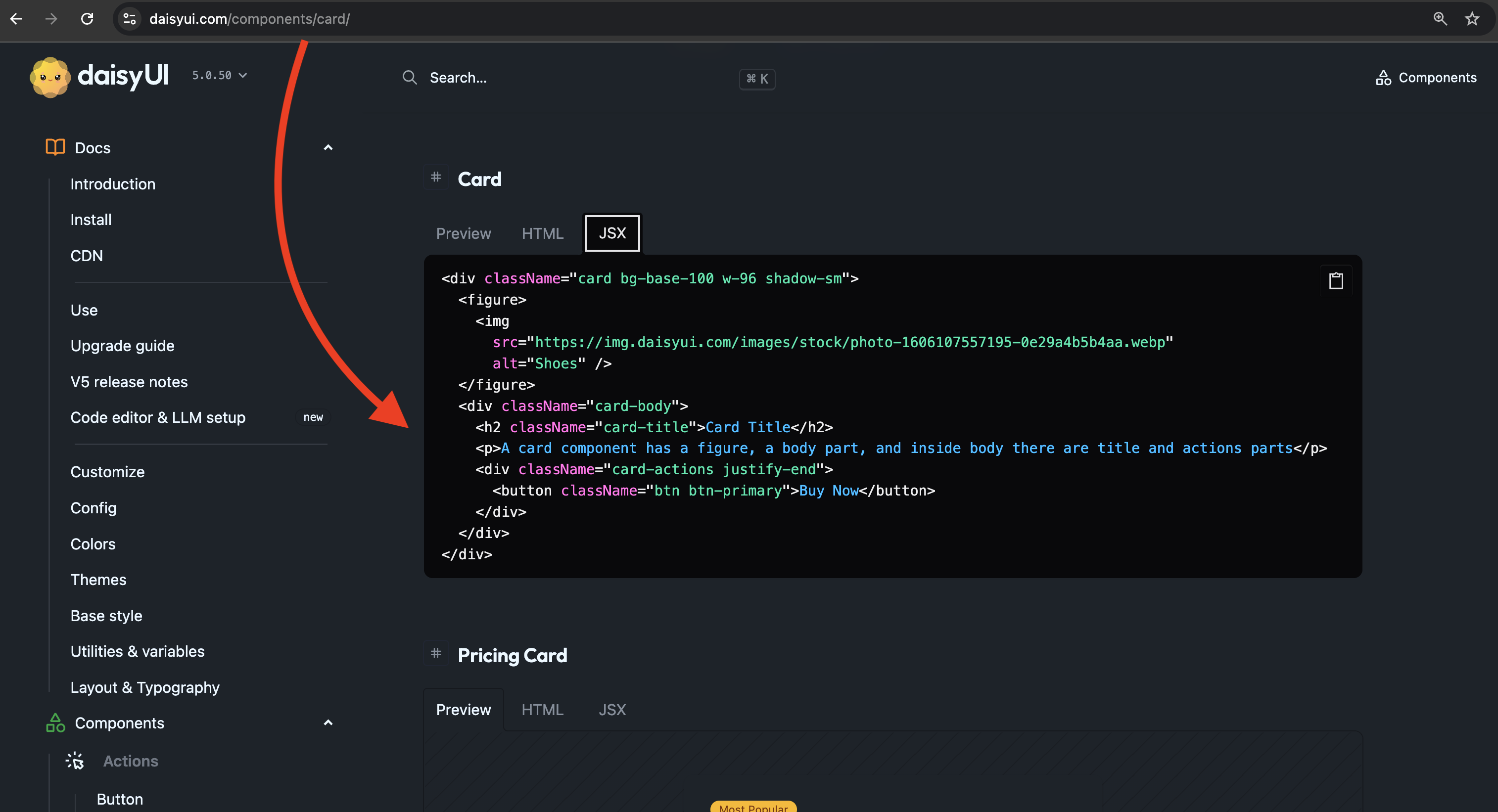 JSX Code snippet for card view