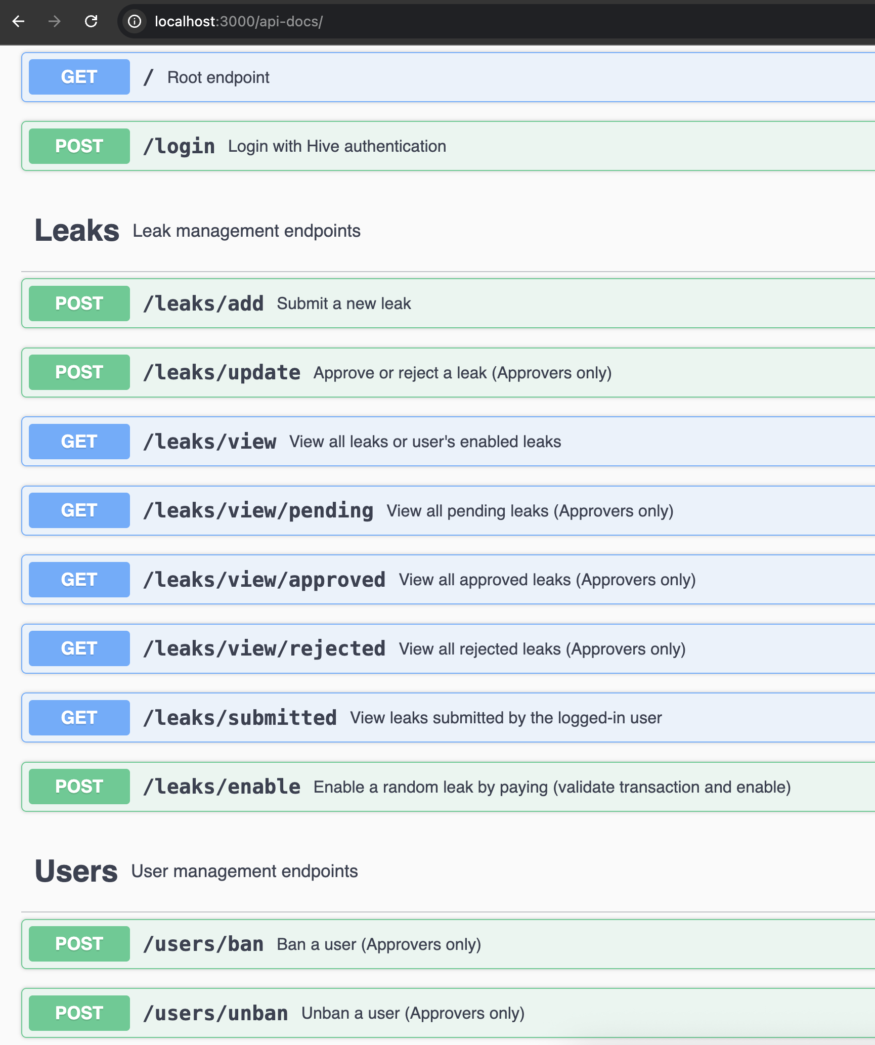 Leaks API backend