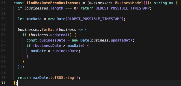 Screenshot of code snippet to grab max date from list of businesses