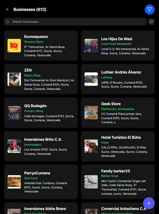 iPad Screenshot showing all list of businesses