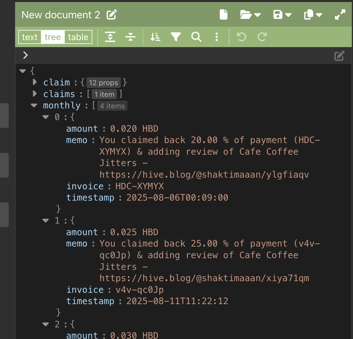 JSON Response of monthly history