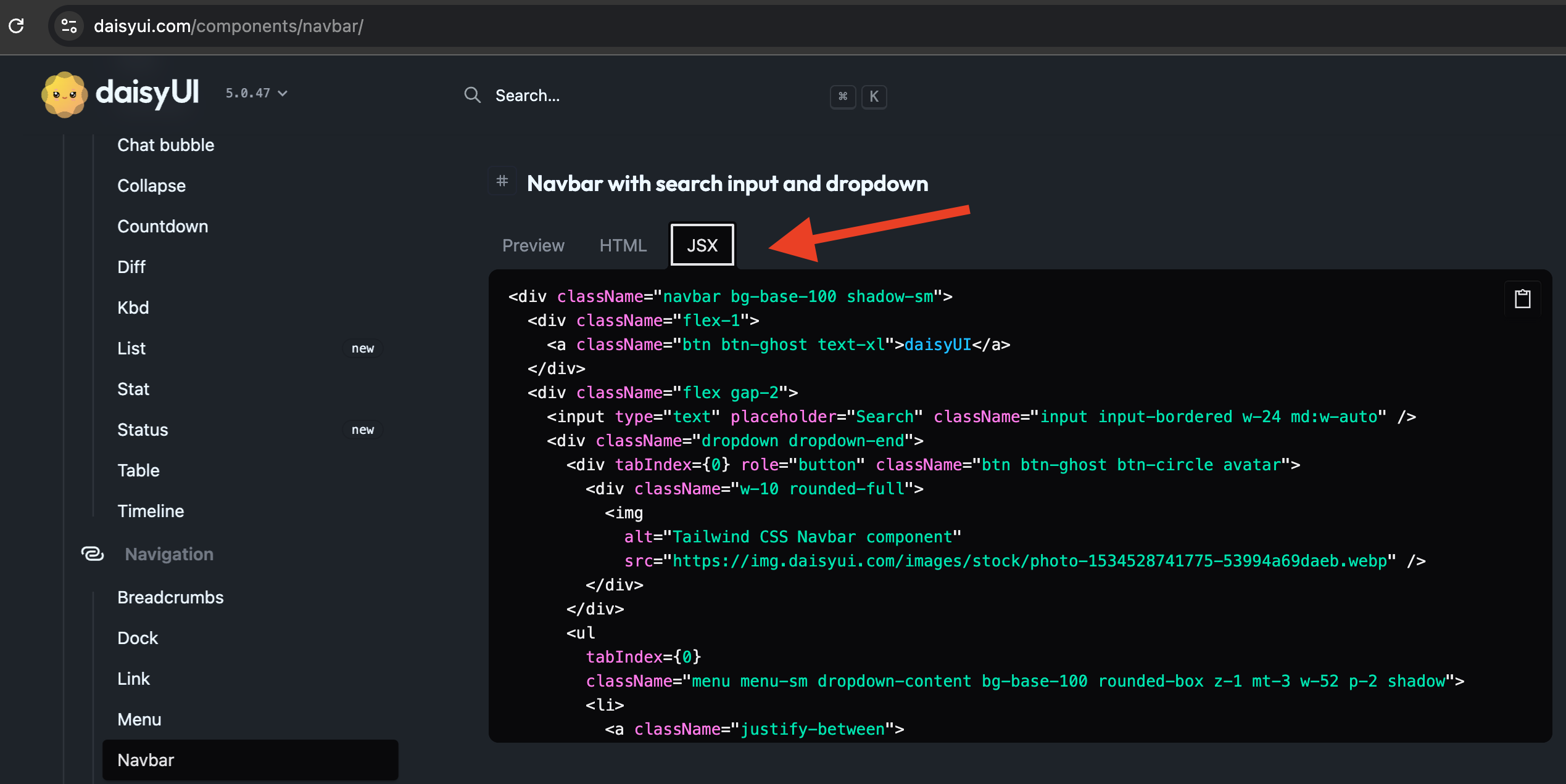 Copy template code from JSX tab from daisy UI