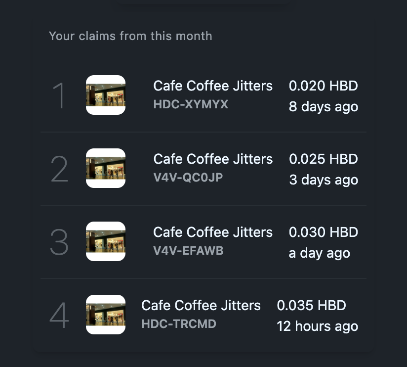 Cash back claim history from this month