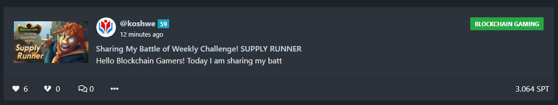 @koshwe Sharing My Battle of Weekly Challenge! SUPPLY RUNNER