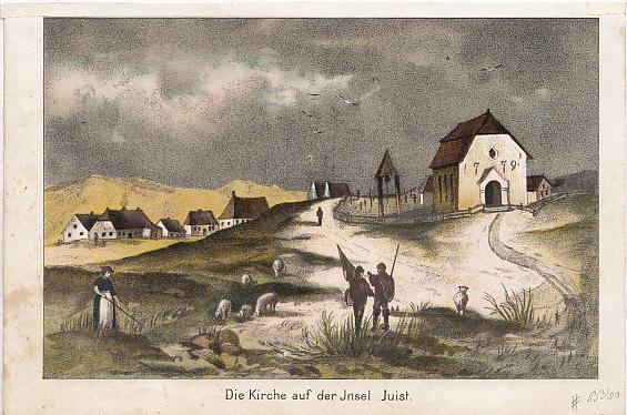 The church on the island of Juist. Original color lithograph, 11 x 17 cm, ca. 1830.