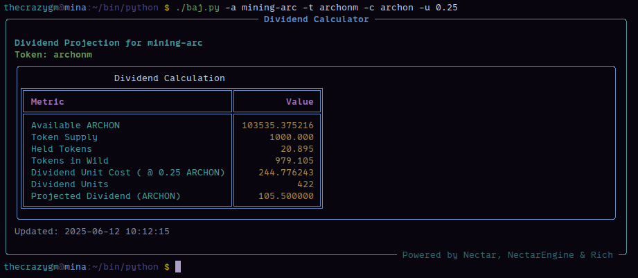 Looks like mining-arc can run 422 more times before needing a refill!