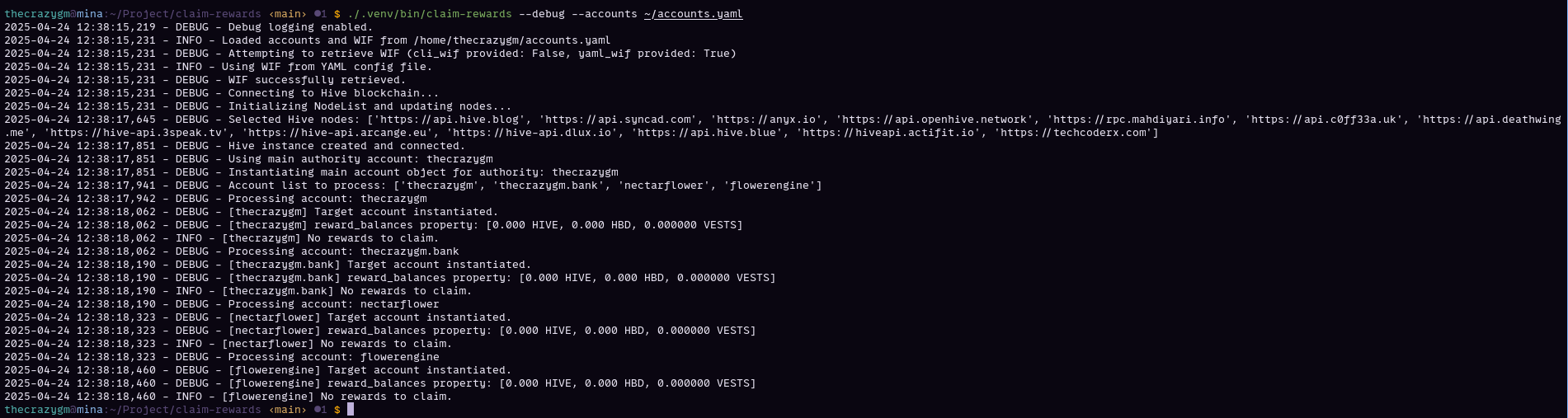 Running with --debug flag for more detailed logs.
