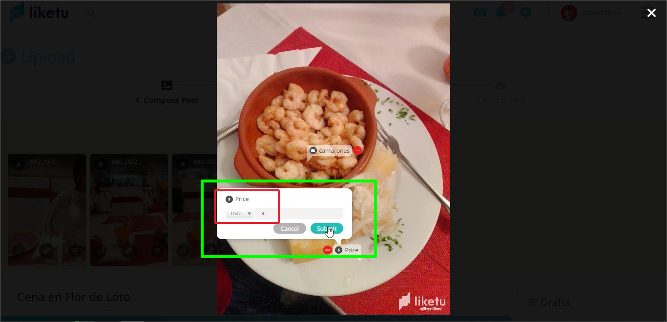 El precio del plato lo coloqué según su valor al momento de la cena