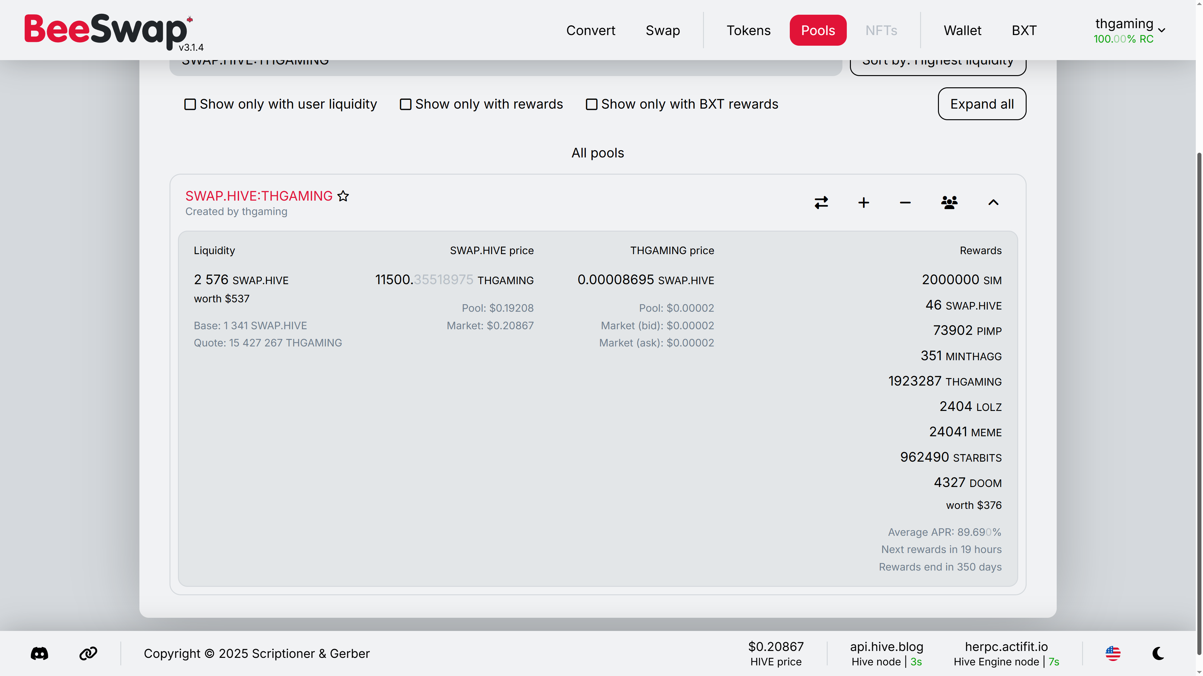 The SWAP.HIVE:THGAMING Liquidity Pool Rewards Contract (365 day) has been created @ 90% Reward APR.