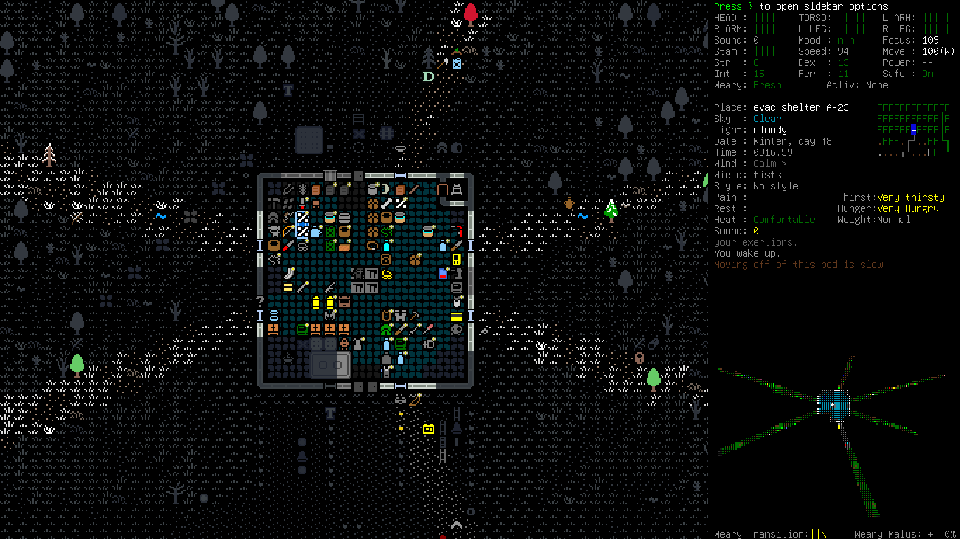 Cataclysm: Dark Days Ahead (CDDA). Hard, prophetic, community-developed  old-school roguelike.