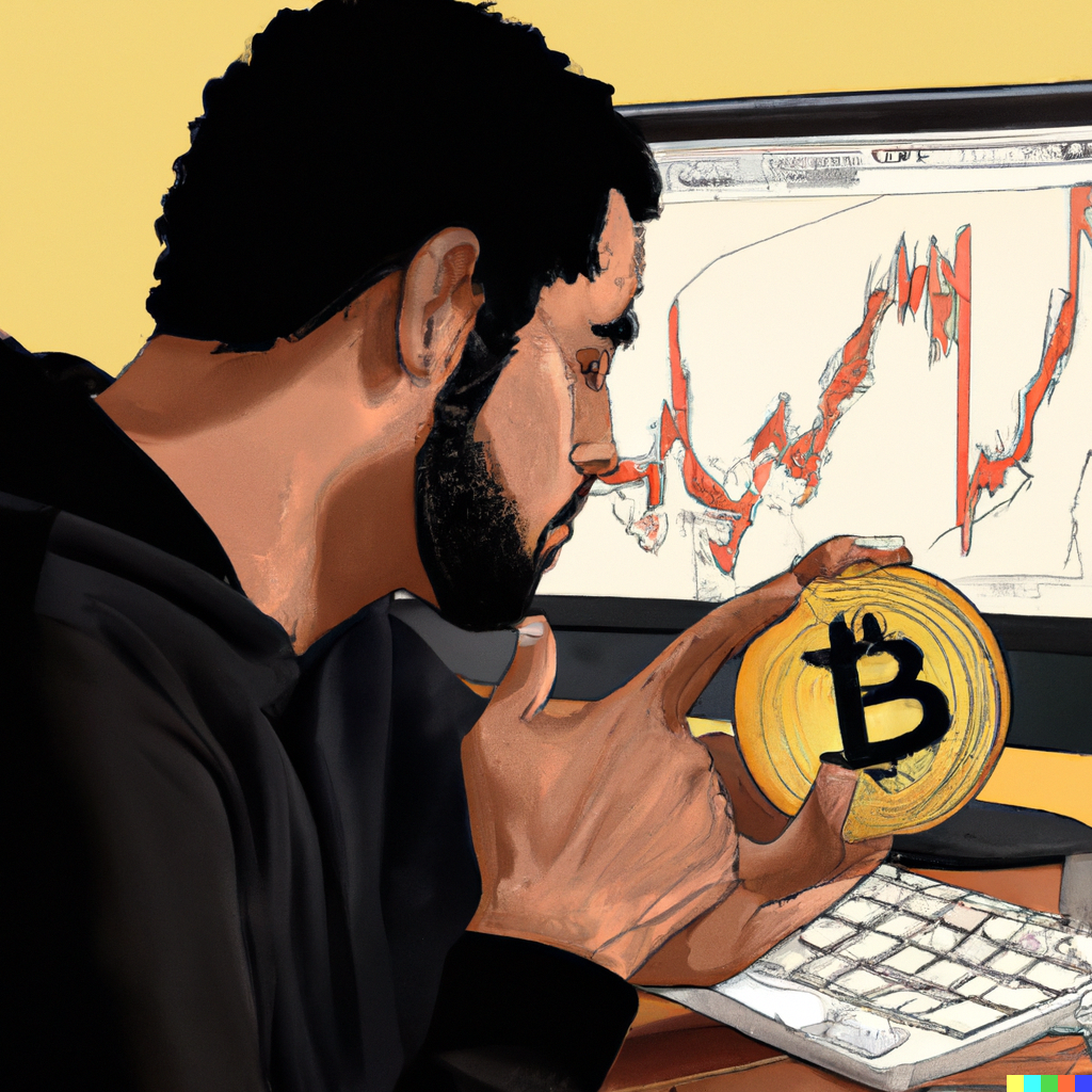 DALL·E 2023-03-14 14.06.47 - create a realistic painting of a man holding a bitcoin in his hand while watching bitcoin charts on his computer.png