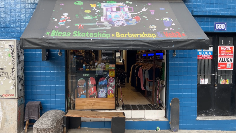 the front of bless skateshop in the daytime