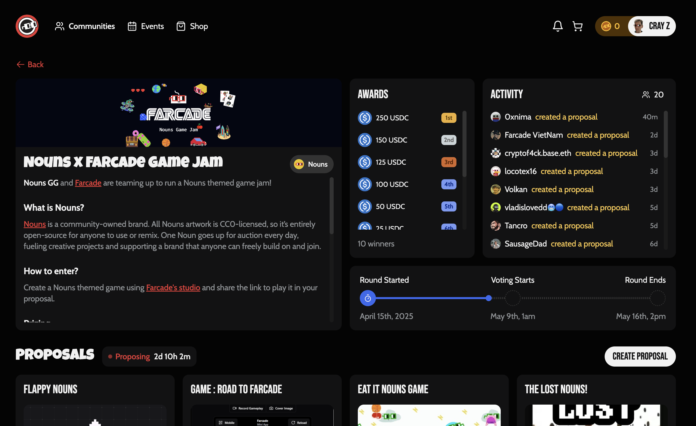 screen shot of the nouns esports game jam event page. link to page at the top of this post